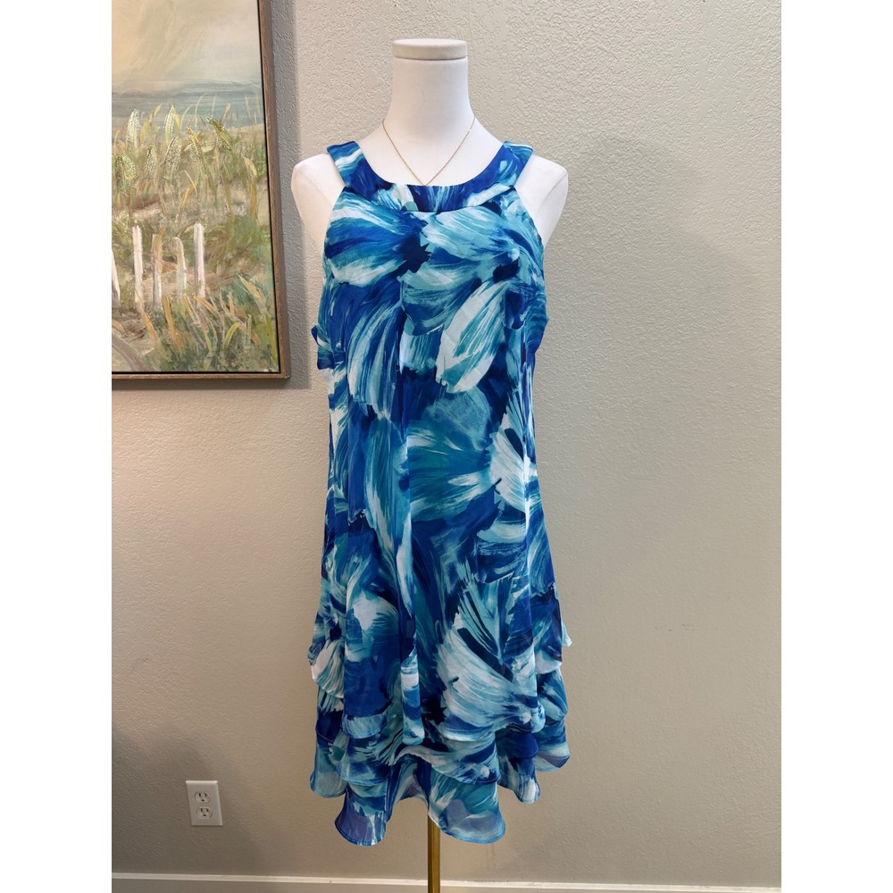 Studio One Blue Watercolor Floral Ruffle Hem Shift Dress Size 14